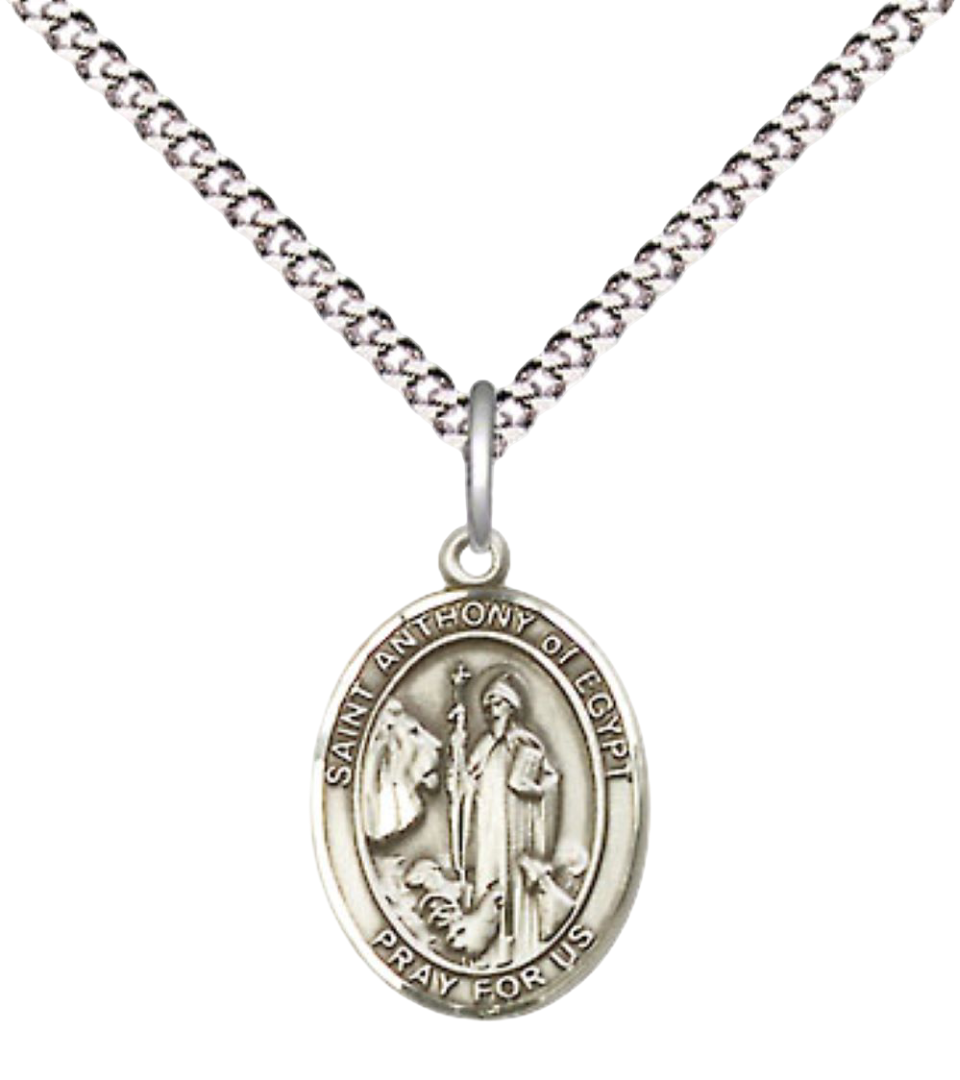 Small Sized Women's .925 Sterling Silver Saint St. Anthony of Egypt Medal Pendant on 18 Inch Rhodium Plated Lite Curb Brass Chain with Lobster Claw Clasp, Catholic Religious Necklace - Made in USA- Velvet Gift Box