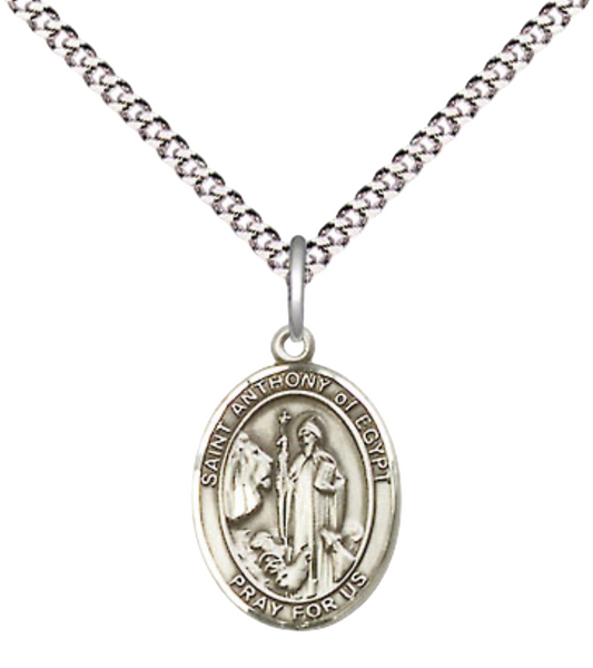 Small Sized Women's Pewter Saint St. Anthony of Egypt Medal Pendant on 18 Inch Rhodium Plated Lite Curb Brass Chain with Lobster Claw Clasp, Catholic Religious Necklace - Made in USA- Velvet Gift Box