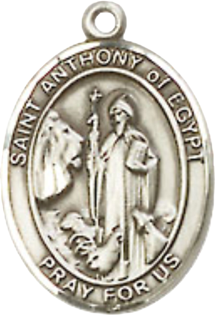 Small Sized Men's Pewter Saint St. Anthony of Egypt Medal Pendant on 24 Inch Endless Rhodium Plated Heavy Curb Brass Chain, Catholic Religious Necklace - Made in USA- Deluxe Velvet Gift Box