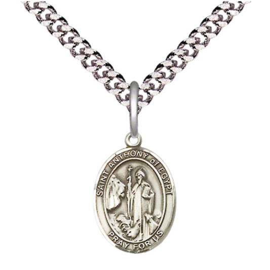 Small Sized Men's Pewter Saint St. Anthony of Egypt Medal Pendant on 24 Inch Endless Rhodium Plated Heavy Curb Brass Chain, Catholic Religious Necklace - Made in USA- Deluxe Velvet Gift Box