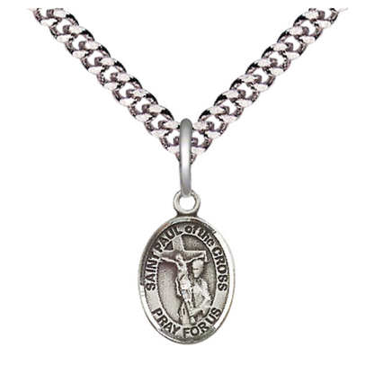 Small Sized Men's Pewter Saint St. Paul of the Cross Medal Pendant on 24 Inch Endless Rhodium Plated Heavy Curb Brass Chain, Catholic Religious Necklace - Made in USA- Deluxe Velvet Gift Box