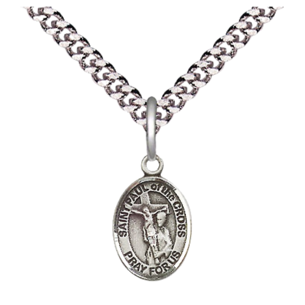 Small Sized Men's Pewter Saint St. Paul of the Cross Medal Pendant on 24 Inch Endless Rhodium Plated Heavy Curb Brass Chain, Catholic Religious Necklace - Made in USA- Deluxe Velvet Gift Box