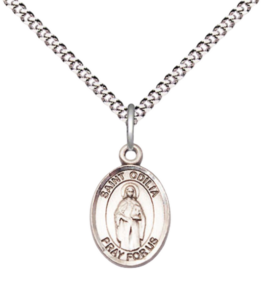 Small Sized Women's .925 Sterling Silver Saint St. Odilia Medal Pendant on 18 Inch Rhodium Plated Lite Curb Brass Chain with Lobster Claw Clasp, Catholic Religious Necklace - Made in USA- Velvet Gift Box