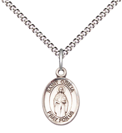 Small Sized Women's Pewter Saint St. Odilia Medal Pendant on 18 Inch Rhodium Plated Lite Curb Brass Chain with Lobster Claw Clasp, Catholic Religious Necklace - Made in USA- Velvet Gift Box