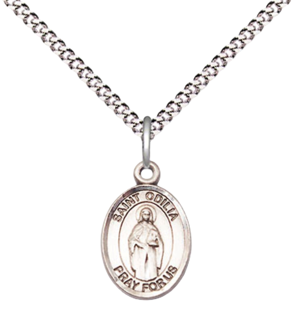 Small Sized Women's .925 Sterling Silver Saint St. Odilia Medal Pendant on 18 Inch Rhodium Plated Lite Curb Brass Chain with Lobster Claw Clasp, Catholic Religious Necklace - Made in USA- Velvet Gift Box