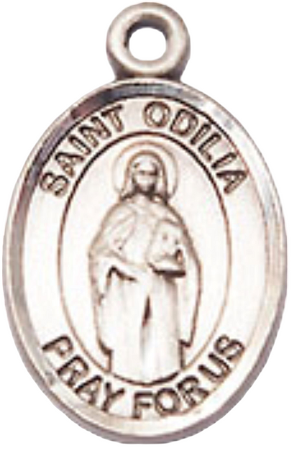 Small Sized Women's Pewter Saint St. Odilia Medal Pendant on 18 Inch Rhodium Plated Lite Curb Brass Chain with Lobster Claw Clasp, Catholic Religious Necklace - Made in USA- Velvet Gift Box