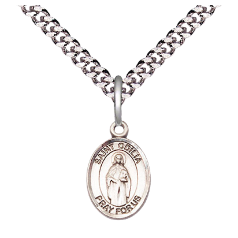 Small Sized Men's Pewter Saint St. Odilia Medal Pendant on 24 Inch Endless Rhodium Plated Heavy Curb Brass Chain, Catholic Religious Necklace - Made in USA- Deluxe Velvet Gift Box