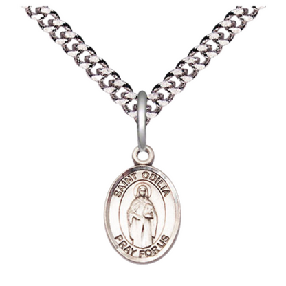 Small Sized Men's Pewter Saint St. Odilia Medal Pendant on 24 Inch Endless Rhodium Plated Heavy Curb Brass Chain, Catholic Religious Necklace - Made in USA- Deluxe Velvet Gift Box