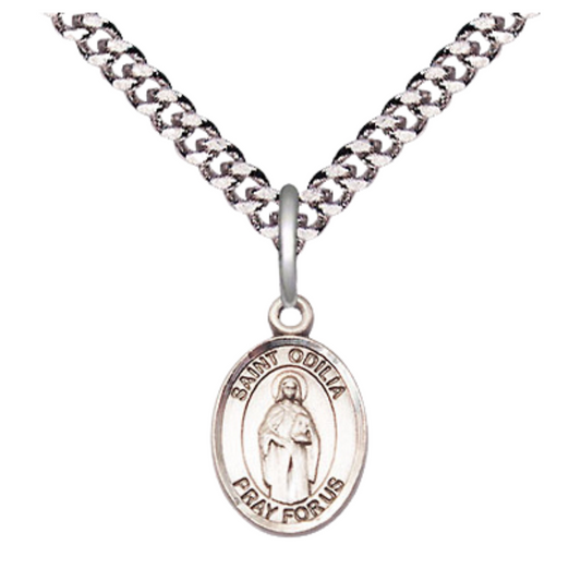 Small Sized Men's Pewter Saint St. Odilia Medal Pendant on 24 Inch Endless Rhodium Plated Heavy Curb Brass Chain, Catholic Religious Necklace - Made in USA- Deluxe Velvet Gift Box