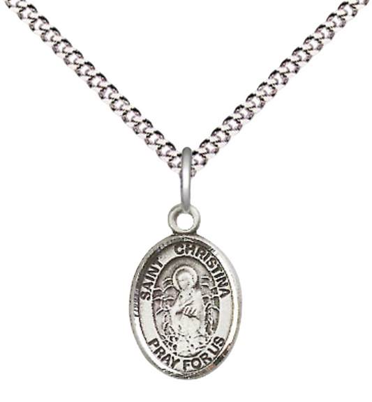 Small Sized Women's Pewter Saint St. Christina the Astonishing Medal Pendant on 18 Inch Rhodium Plated Lite Curb Brass Chain with Lobster Claw Clasp, Catholic Religious Necklace - Made in USA- Velvet Gift Box