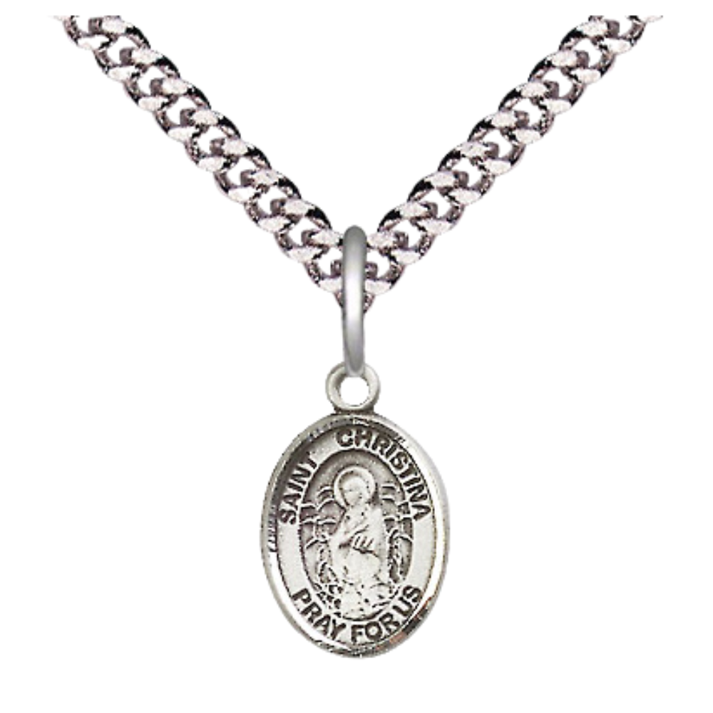 Small Sized Men's Pewter Saint St. Christina the Astonishing Medal Pendant on 24 Inch Endless Rhodium Plated Heavy Curb Brass Chain, Catholic Religious Necklace - Made in USA- Deluxe Velvet Gift Box