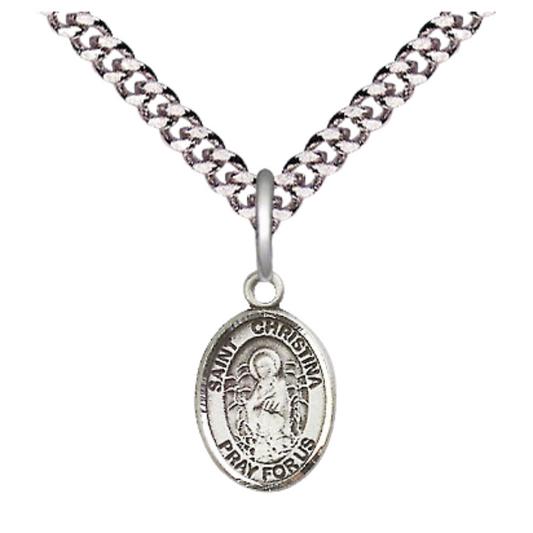 Small Sized Men's Pewter Saint St. Christina the Astonishing Medal Pendant on 24 Inch Endless Rhodium Plated Heavy Curb Brass Chain, Catholic Religious Necklace - Made in USA- Deluxe Velvet Gift Box