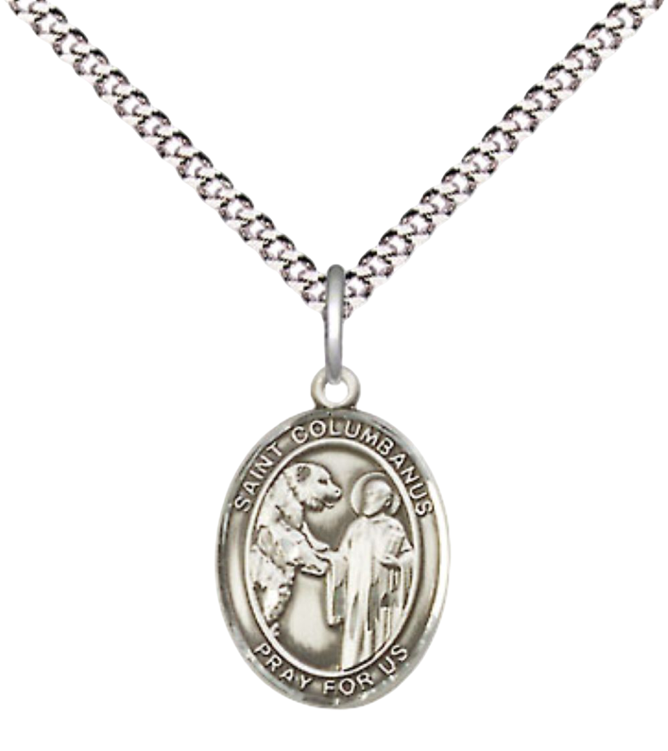 Small Sized Women's .925 Sterling Silver Saint Columbanus Medal Pendant on 18 Inch Rhodium Plated Lite Curb Brass Chain with Lobster Claw Clasp, Catholic Religious Necklace - Made in USA- Velvet Gift Box