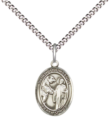 Small Sized Women's .925 Sterling Silver Saint Columbanus Medal Pendant on 18 Inch Rhodium Plated Lite Curb Brass Chain with Lobster Claw Clasp, Catholic Religious Necklace - Made in USA- Velvet Gift Box