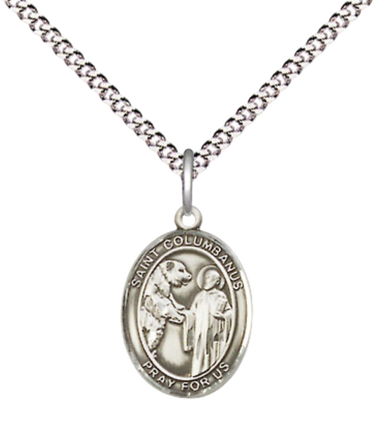 Small Sized Women's .925 Sterling Silver Saint Columbanus Medal Pendant on 18 Inch Rhodium Plated Lite Curb Brass Chain with Lobster Claw Clasp, Catholic Religious Necklace - Made in USA- Velvet Gift Box