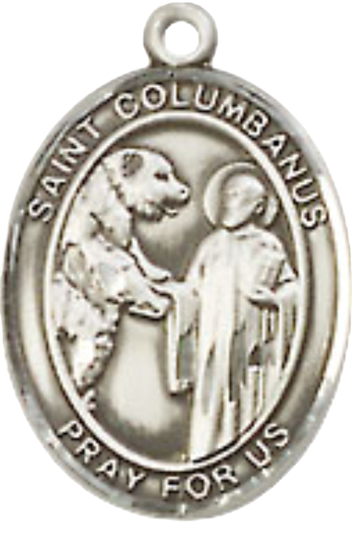 Small Sized Men's Pewter Saint St. Columbanus Medal Pendant on 24 Inch Endless Rhodium Plated Heavy Curb Brass Chain, Catholic Religious Necklace - Made in USA- Deluxe Velvet Gift Box