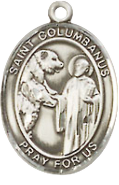 Small Sized Women's Pewter Saint St. Columbanus Medal Pendant on 18 Inch Rhodium Plated Lite Curb Brass Chain with Lobster Claw Clasp, Catholic Religious Necklace - Made in USA- Velvet Gift Box