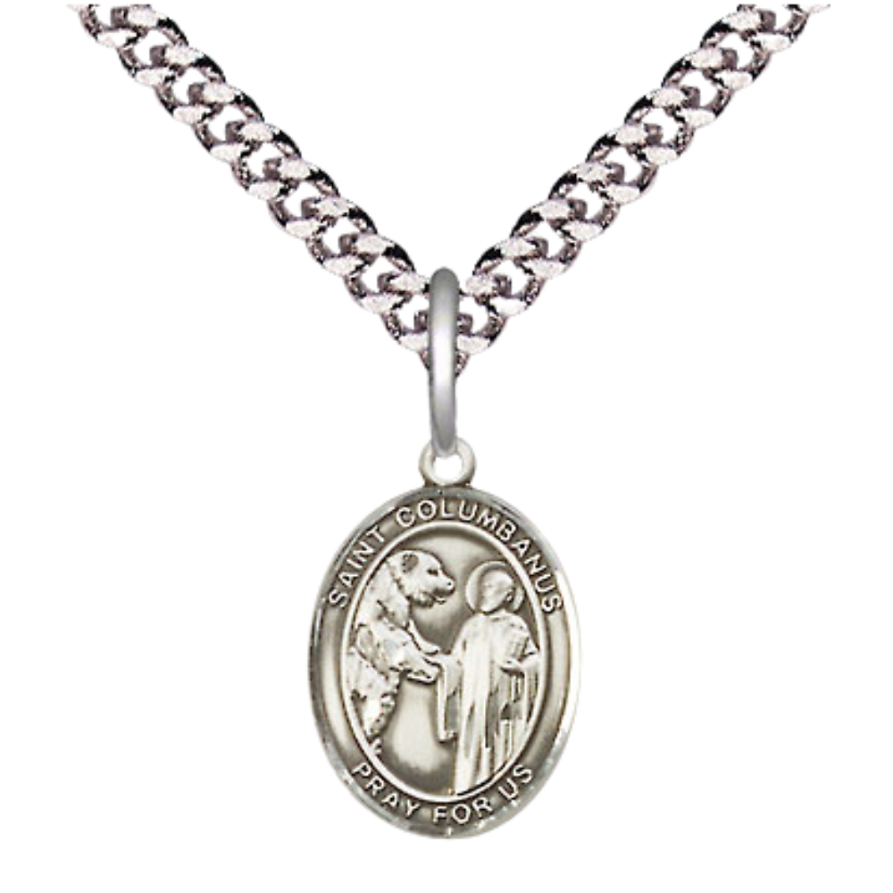 Small Sized Men's Pewter Saint St. Columbanus Medal Pendant on 24 Inch Endless Rhodium Plated Heavy Curb Brass Chain, Catholic Religious Necklace - Made in USA- Deluxe Velvet Gift Box