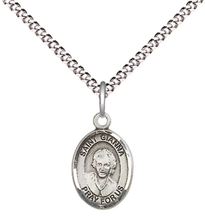 Small Sized Women's Pewter Saint St. Gianna Medal Pendant on 18 Inch Rhodium Plated Lite Curb Brass Chain with Lobster Claw Clasp, Catholic Religious Necklace - Made in USA- Velvet Gift Box