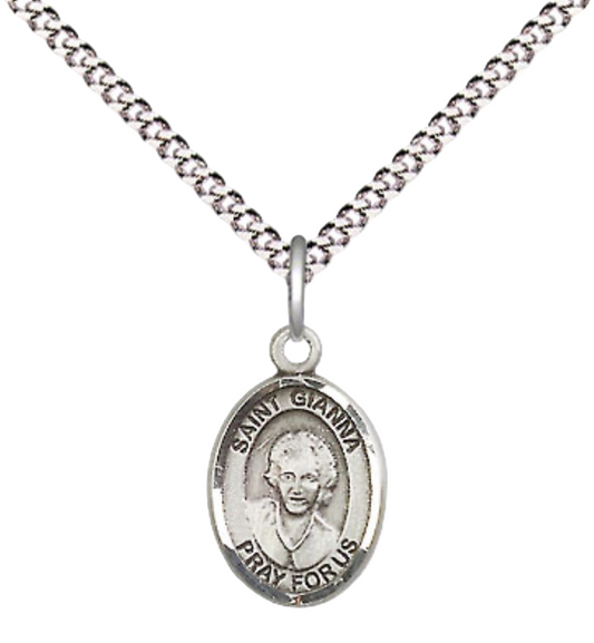 Small Sized Women's Pewter Saint St. Gianna Medal Pendant on 18 Inch Rhodium Plated Lite Curb Brass Chain with Lobster Claw Clasp, Catholic Religious Necklace - Made in USA- Velvet Gift Box