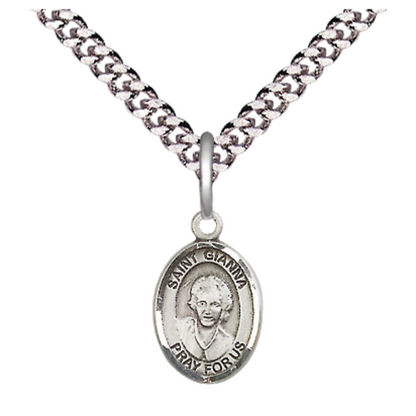 Small Sized Men's Pewter Saint St. Gianna Medal Pendant on 24 Inch Endless Rhodium Plated Heavy Curb Brass Chain, Catholic Religious Necklace - Made in USA- Deluxe Velvet Gift Box