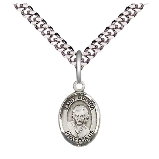 Small Sized Men's Pewter Saint St. Gianna Medal Pendant on 24 Inch Endless Rhodium Plated Heavy Curb Brass Chain, Catholic Religious Necklace - Made in USA- Deluxe Velvet Gift Box
