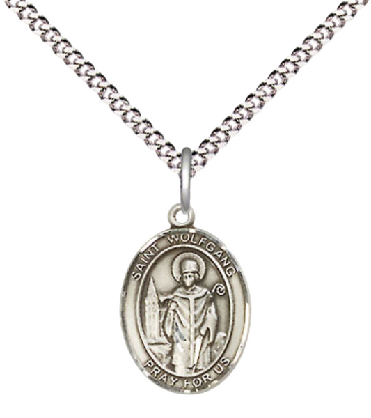 Small Sized Women's .925 Sterling Silver Saint Wolfgang Medal Pendant on 18 Inch Rhodium Plated Lite Curb Brass Chain with Lobster Claw Clasp, Catholic Religious Necklace - Made in USA- Velvet Gift Box