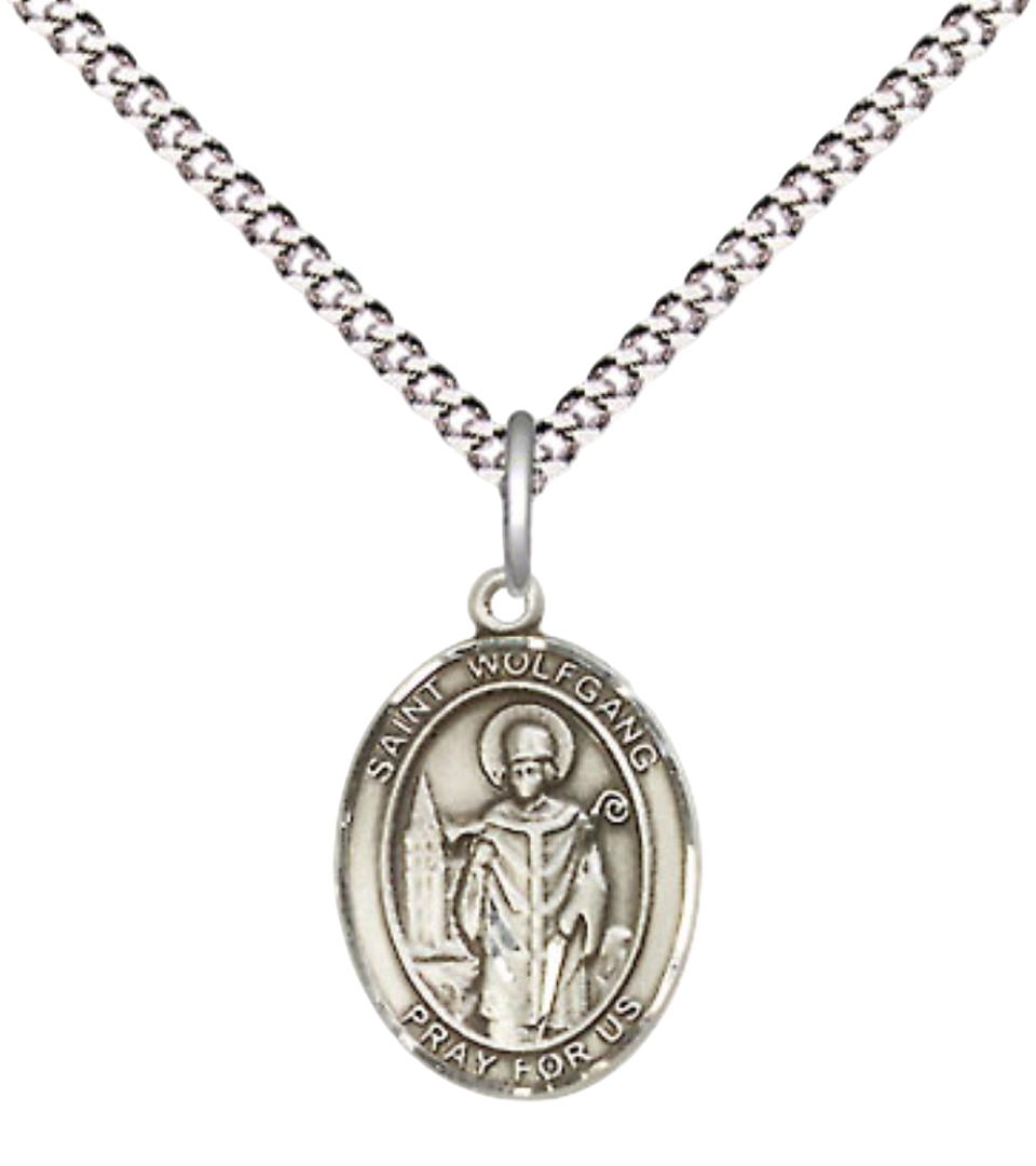 Small Sized Women's Pewter Saint St. Wolfgang Medal Pendant on 18 Inch Rhodium Plated Lite Curb Brass Chain with Lobster Claw Clasp, Catholic Religious Necklace - Made in USA- Velvet Gift Box