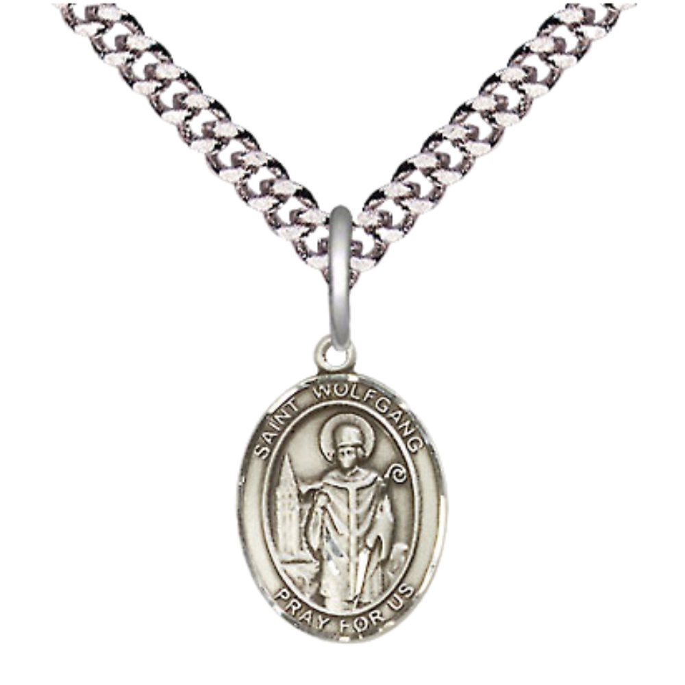 Small Sized Men's Pewter Saint St. Wolfgang Medal Pendant on 24 Inch Endless Rhodium Plated Heavy Curb Brass Chain, Catholic Religious Necklace - Made in USA- Deluxe Velvet Gift Box