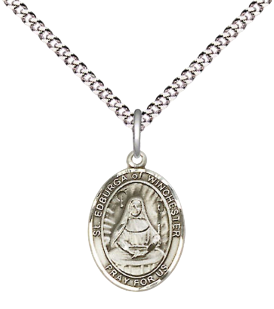 Small Sized Women's Pewter Saint Edburga of Winchester Medal Pendant on 18 Inch Rhodium Plated Lite Curb Brass Chain with Lobster Claw Clasp, Catholic Religious Necklace - Made in USA- Velvet Gift Box