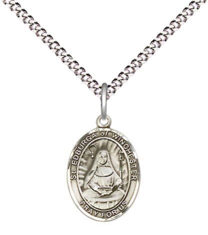Small Sized Women's Pewter Saint Edburga of Winchester Medal Pendant on 18 Inch Rhodium Plated Lite Curb Brass Chain with Lobster Claw Clasp, Catholic Religious Necklace - Made in USA- Velvet Gift Box