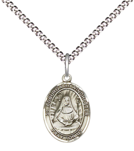 Small Sized Women's .925 Sterling Silver Saint St. Edburga of Winchester Medal Pendant on 18 Inch Rhodium Plated Lite Curb Brass Chain with Lobster Claw Clasp, Catholic Religious Necklace - Made in USA- Velvet Gift Box