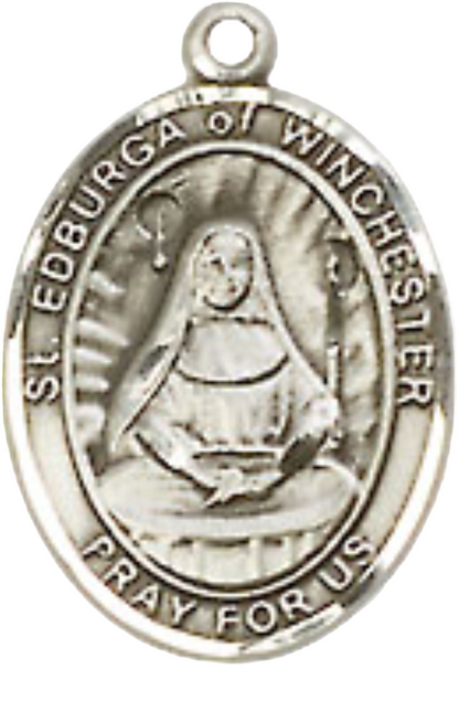 Small Sized Women's Pewter Saint Edburga of Winchester Medal Pendant on 18 Inch Rhodium Plated Lite Curb Brass Chain with Lobster Claw Clasp, Catholic Religious Necklace - Made in USA- Velvet Gift Box