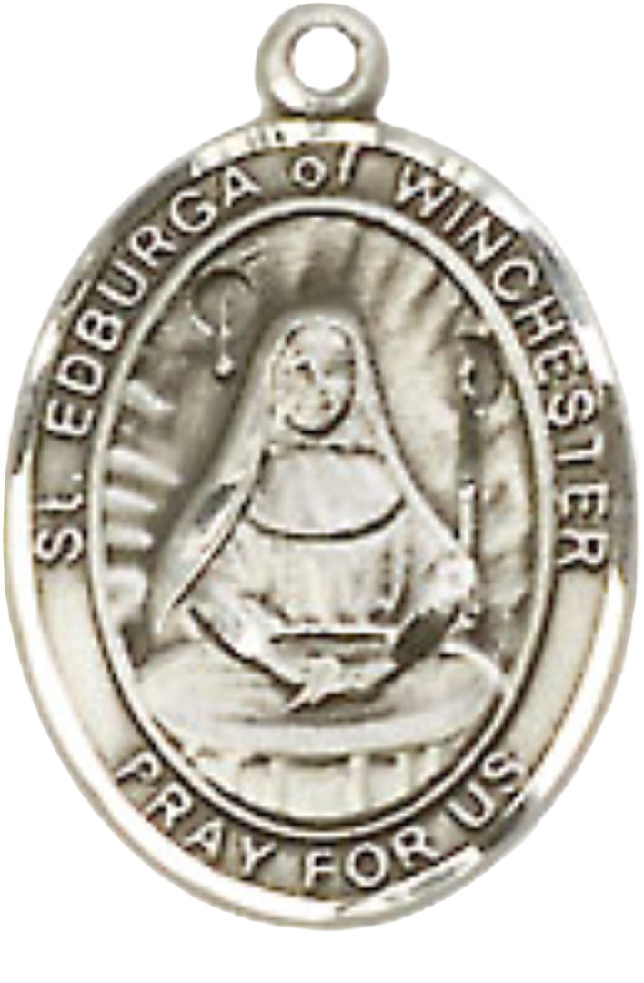 Small Sized Women's .925 Sterling Silver Saint St. Edburga of Winchester Medal Pendant on 18 Inch Rhodium Plated Lite Curb Brass Chain with Lobster Claw Clasp, Catholic Religious Necklace - Made in USA- Velvet Gift Box