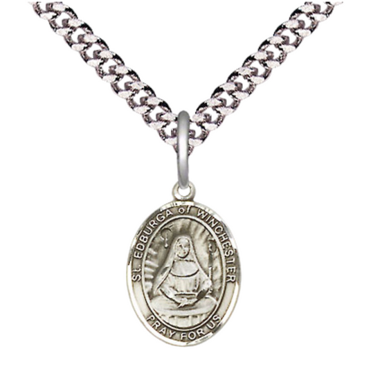 Small Sized Men's Pewter Saint St. Edburga of Winchester Medal Pendant on 24 Inch Endless Rhodium Plated Heavy Curb Brass Chain, Catholic Religious Necklace - Made in USA- Deluxe Velvet Gift Box