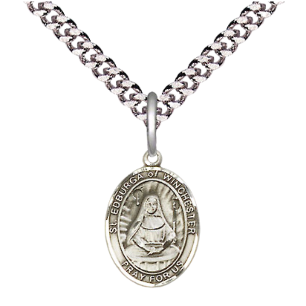 Small Sized Men's Pewter Saint St. Edburga of Winchester Medal Pendant on 24 Inch Endless Rhodium Plated Heavy Curb Brass Chain, Catholic Religious Necklace - Made in USA- Deluxe Velvet Gift Box