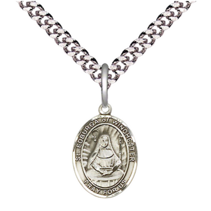 Small Sized Men's Pewter Saint St. Edburga of Winchester Medal Pendant on 24 Inch Endless Rhodium Plated Heavy Curb Brass Chain, Catholic Religious Necklace - Made in USA- Deluxe Velvet Gift Box