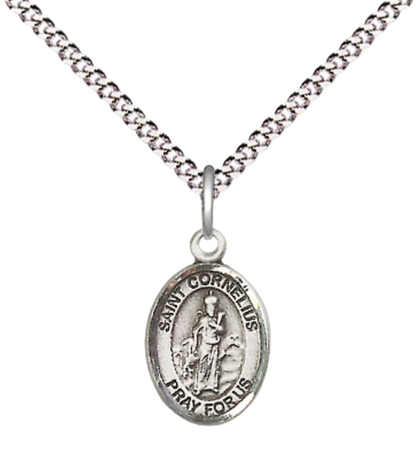 Small Sized Women's .925 Sterling Silver Saint St. Cornelius Medal Pendant on 18 Inch Rhodium Plated Lite Curb Brass Chain with Lobster Claw Clasp, Catholic Religious Necklace - Made in USA- Velvet Gift Box