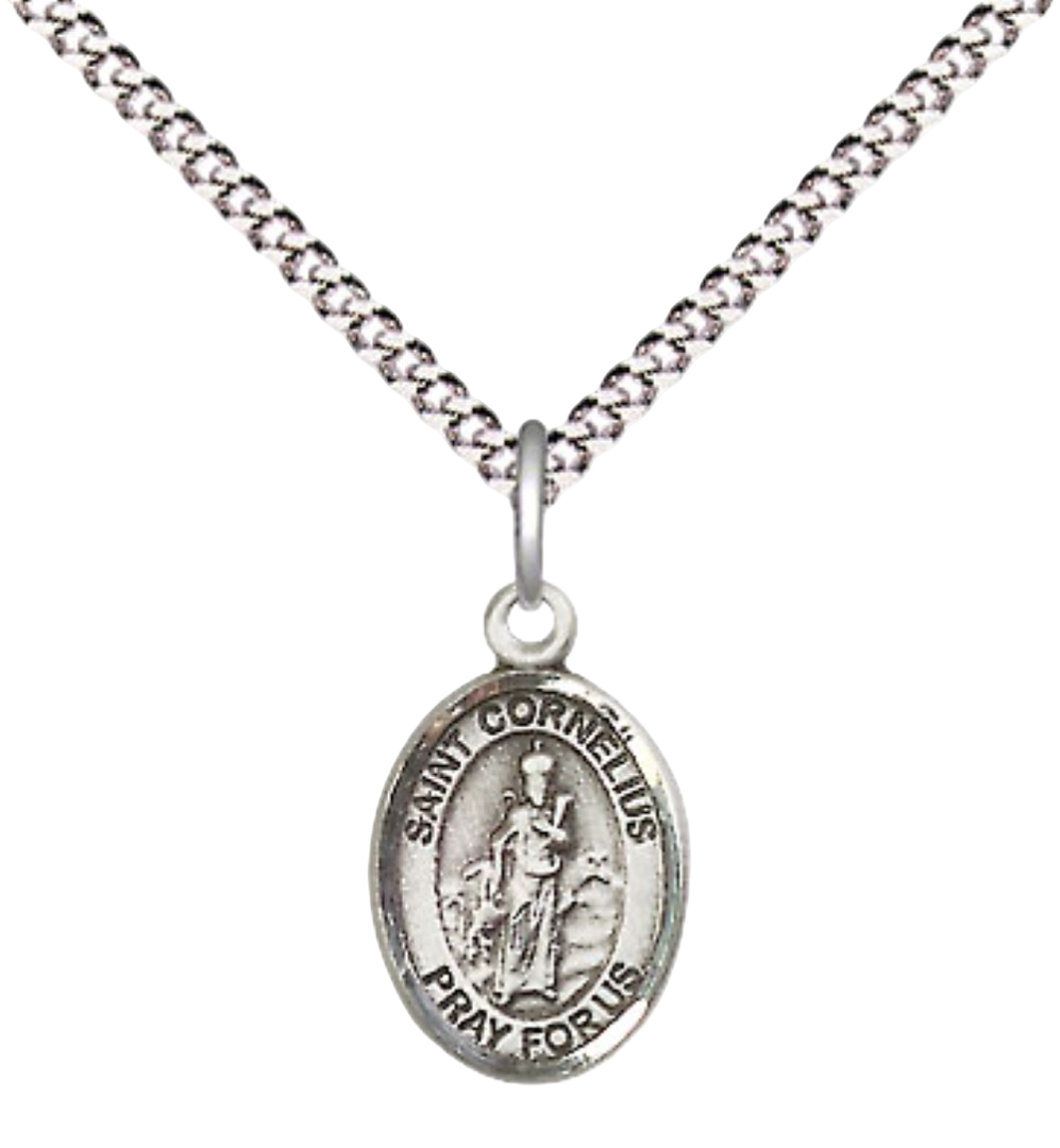 Small Sized Women's Pewter Saint St. Cornelius Medal Pendant on 18 Inch Rhodium Plated Lite Curb Brass Chain with Lobster Claw Clasp, Catholic Religious Necklace - Made in USA- Velvet Gift Box