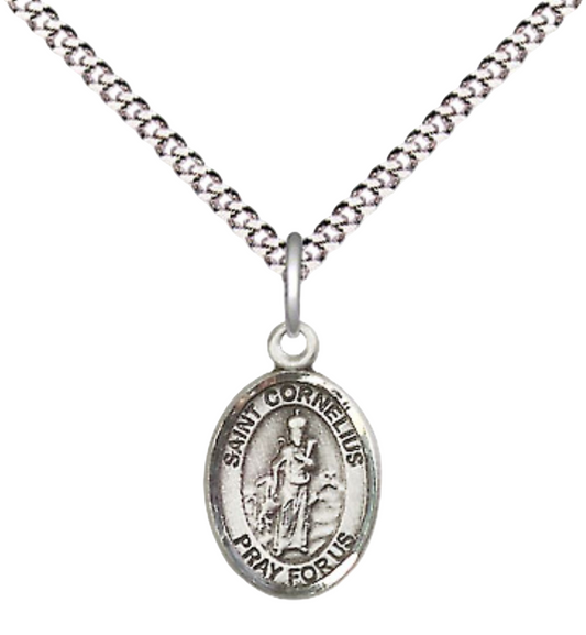 Small Sized Women's Pewter Saint St. Cornelius Medal Pendant on 18 Inch Rhodium Plated Lite Curb Brass Chain with Lobster Claw Clasp, Catholic Religious Necklace - Made in USA- Velvet Gift Box