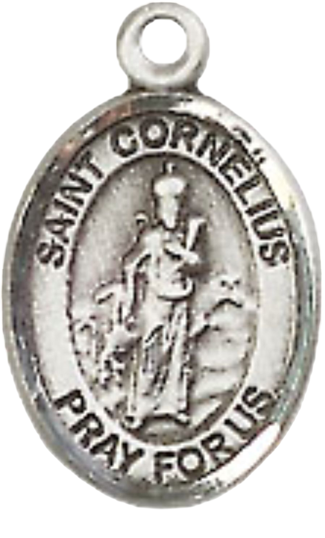 Small Sized Men's Pewter Saint St. Cornelius Medal Pendant on 24 Inch Endless Rhodium Plated Heavy Curb Brass Chain, Catholic Religious Necklace - Made in USA- Deluxe Velvet Gift Box