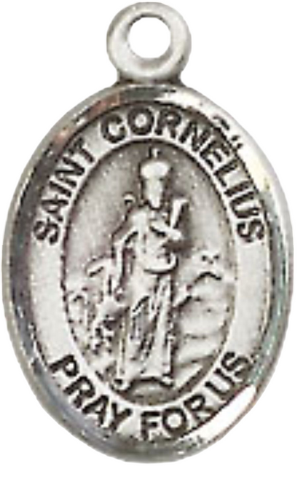 Small Sized Women's Pewter Saint St. Cornelius Medal Pendant on 18 Inch Rhodium Plated Lite Curb Brass Chain with Lobster Claw Clasp, Catholic Religious Necklace - Made in USA- Velvet Gift Box