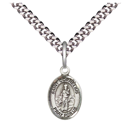 Small Sized Men's Pewter Saint St. Cornelius Medal Pendant on 24 Inch Endless Rhodium Plated Heavy Curb Brass Chain, Catholic Religious Necklace - Made in USA- Deluxe Velvet Gift Box