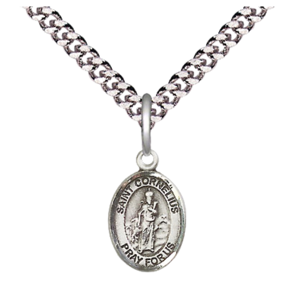 Small Sized Men's Pewter Saint St. Cornelius Medal Pendant on 24 Inch Endless Rhodium Plated Heavy Curb Brass Chain, Catholic Religious Necklace - Made in USA- Deluxe Velvet Gift Box