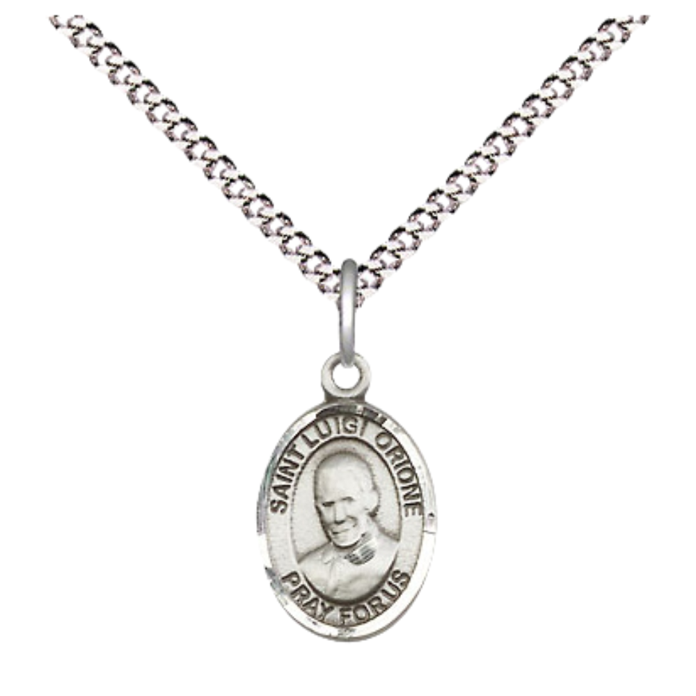 Everlasting Light Jewelry Pewter Saint Luigi Orione Medal Pendant on 18 Inch Rhodium Plated Lite Curb Brass Chain with Lobster Claw Clasp, Catholic Religious Necklace - Made in USA- Velvet Gift Box