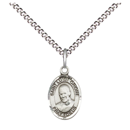 Everlasting Light Jewelry Pewter Saint Luigi Orione Medal Pendant on 18 Inch Rhodium Plated Lite Curb Brass Chain with Lobster Claw Clasp, Catholic Religious Necklace - Made in USA- Velvet Gift Box