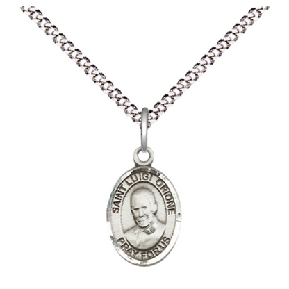 Everlasting Light Jewelry Pewter Saint Luigi Orione Medal Pendant on 18 Inch Rhodium Plated Lite Curb Brass Chain with Lobster Claw Clasp, Catholic Religious Necklace - Made in USA- Velvet Gift Box