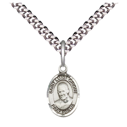 Everlasting Light Jewelry Pewter Saint Luigi Orione Medal Pendant on 24 Inch Endless Rhodium Plated Heavy Curb Brass Chain, Catholic Religious Necklace -Made in USA- Deluxe Velvet Gift Box