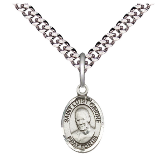 Everlasting Light Jewelry Pewter Saint Luigi Orione Medal Pendant on 24 Inch Endless Rhodium Plated Heavy Curb Brass Chain, Catholic Religious Necklace -Made in USA- Deluxe Velvet Gift Box