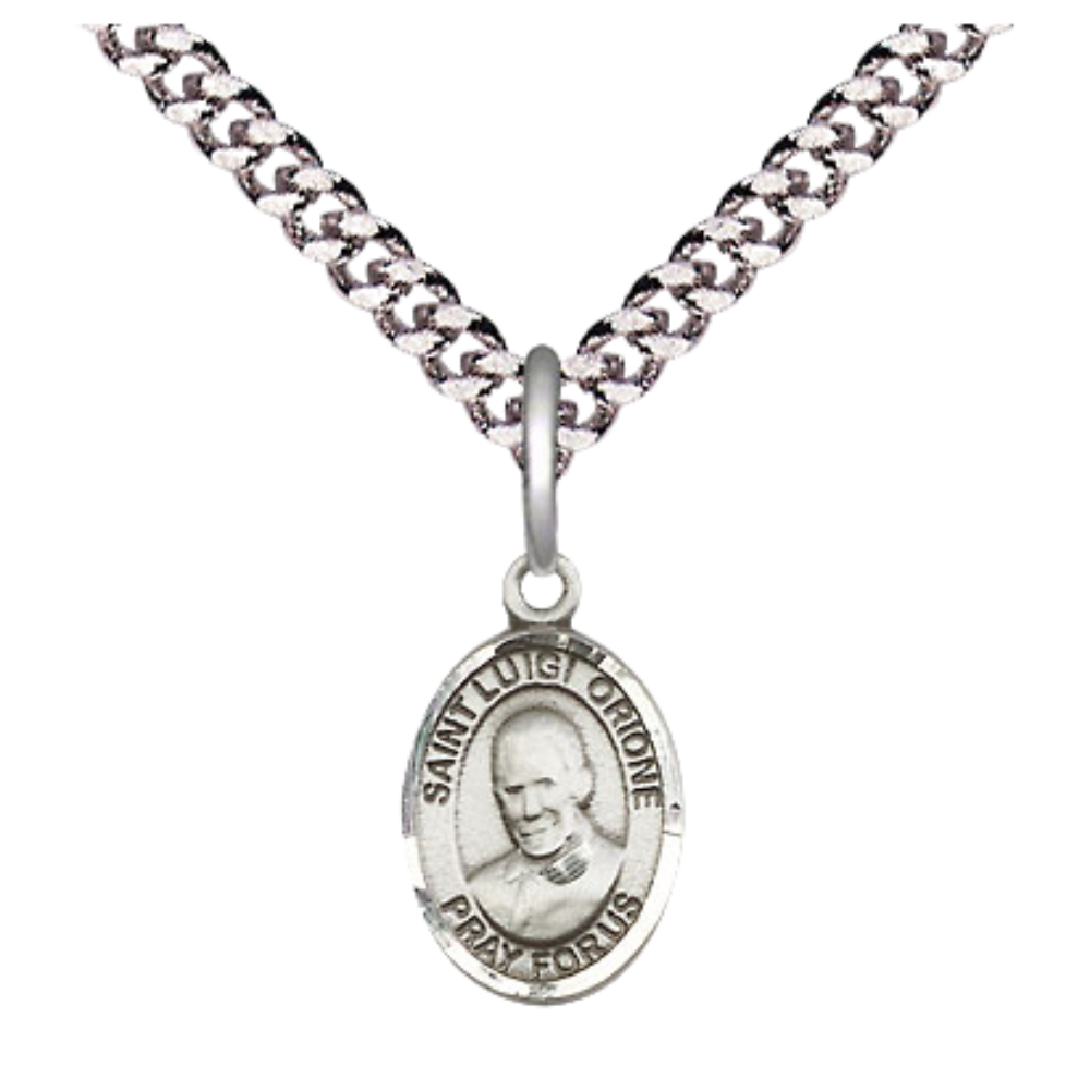Everlasting Light Jewelry Pewter Saint Luigi Orione Medal Pendant on 24 Inch Endless Rhodium Plated Heavy Curb Brass Chain, Catholic Religious Necklace -Made in USA- Deluxe Velvet Gift Box